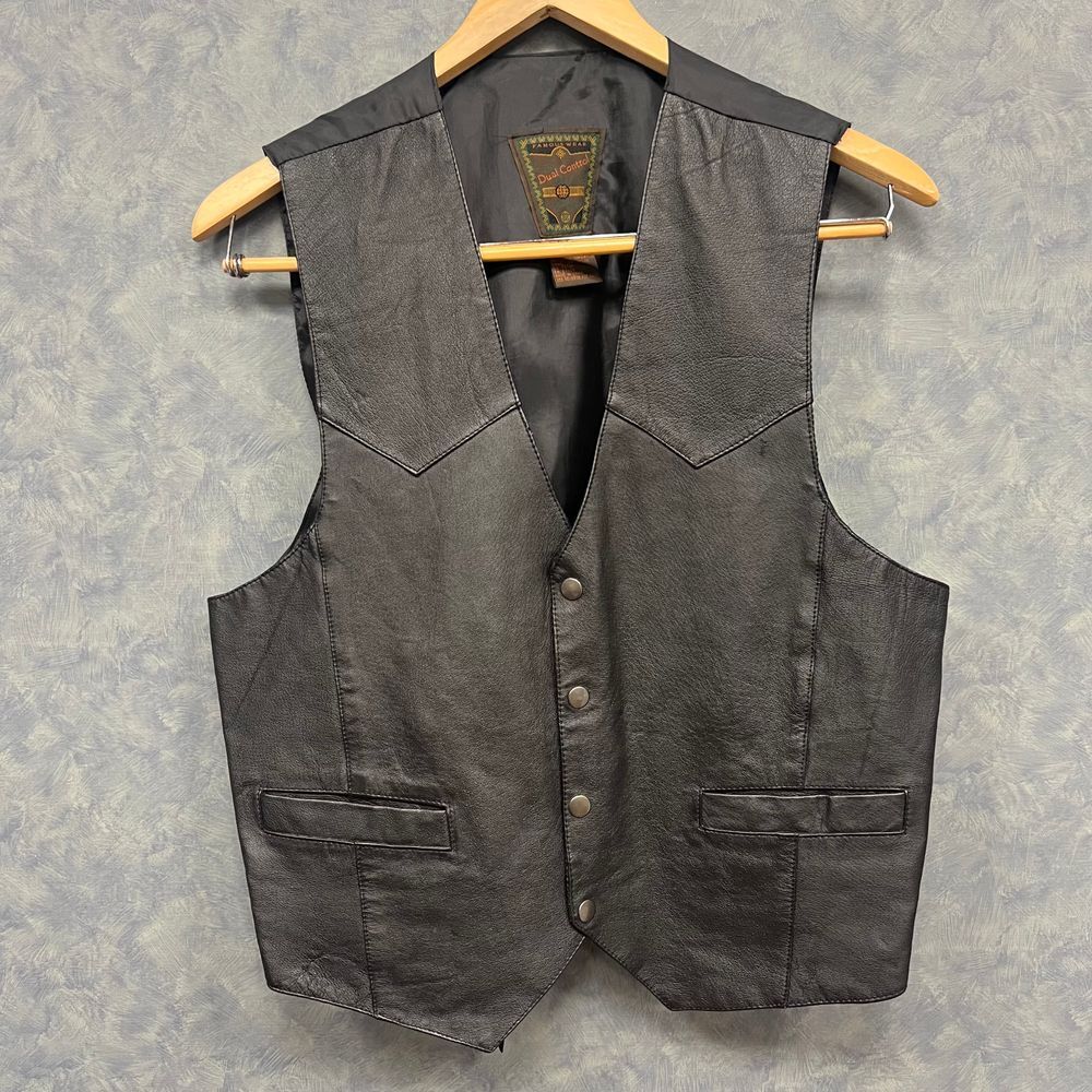 VINTAGE Dual Control Leather Vest Biker Motorcycle Western‎ Snap Front Black XL